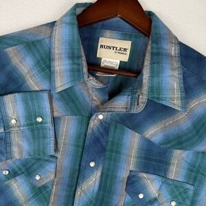 Rustler Western Shirt Mens 2XL Blue Silver Plaid Sawtooth Pearl Snap Long Sleeve